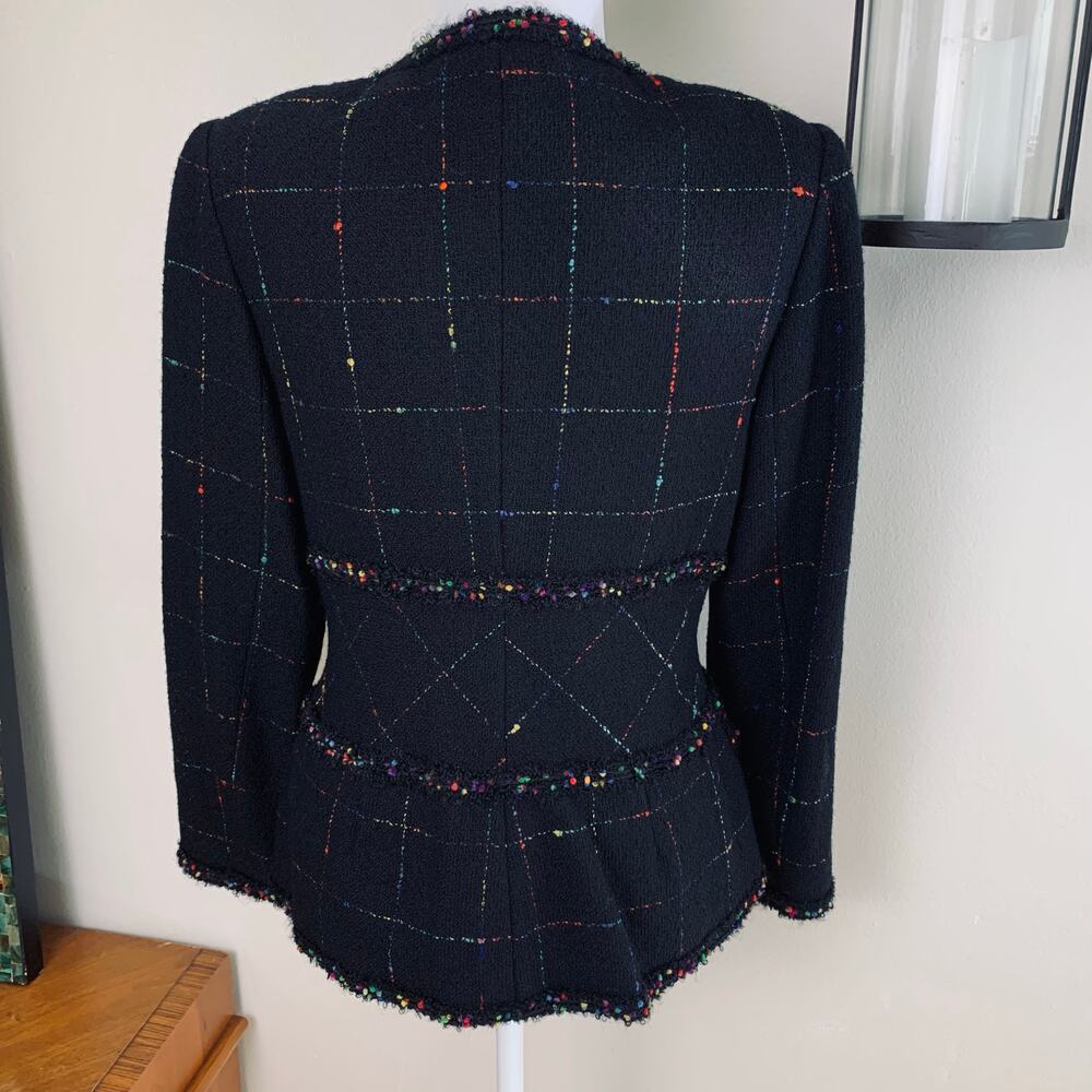 Vintage Rickie Freeman Size 8 Wool Tweed Blazer Jacket Black Colorful Fringe - Picture 6 of 13